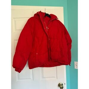 Forever 21 Red Puffer Jacket Hooded Quilted Full Zip Winter Coat Mens Medium